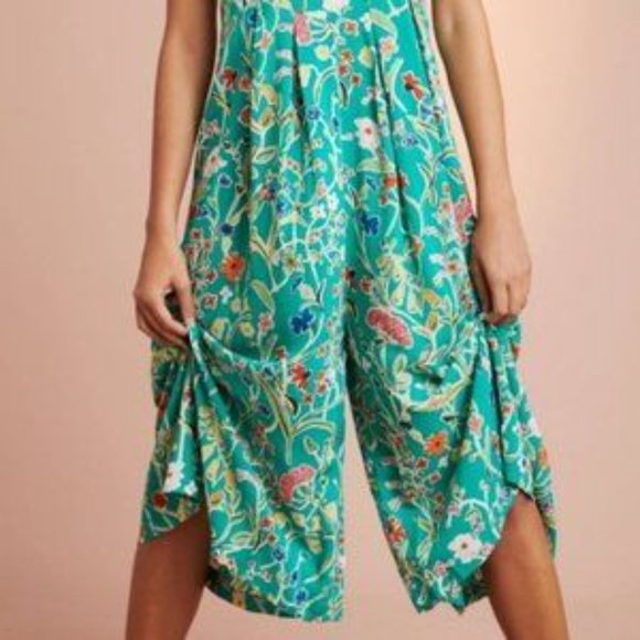 EUC Anthropologie Lightweight Green Floral Jumpsuit with Flowing Pant Legs XL - Picture 4 of 12